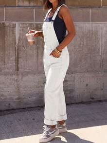 Women's Casual Denim Bib Pants - Adjustable Straps, Front Chest Pockets, Loose Jumpsuit, Soft & Comfortable Fabric - White - View 4