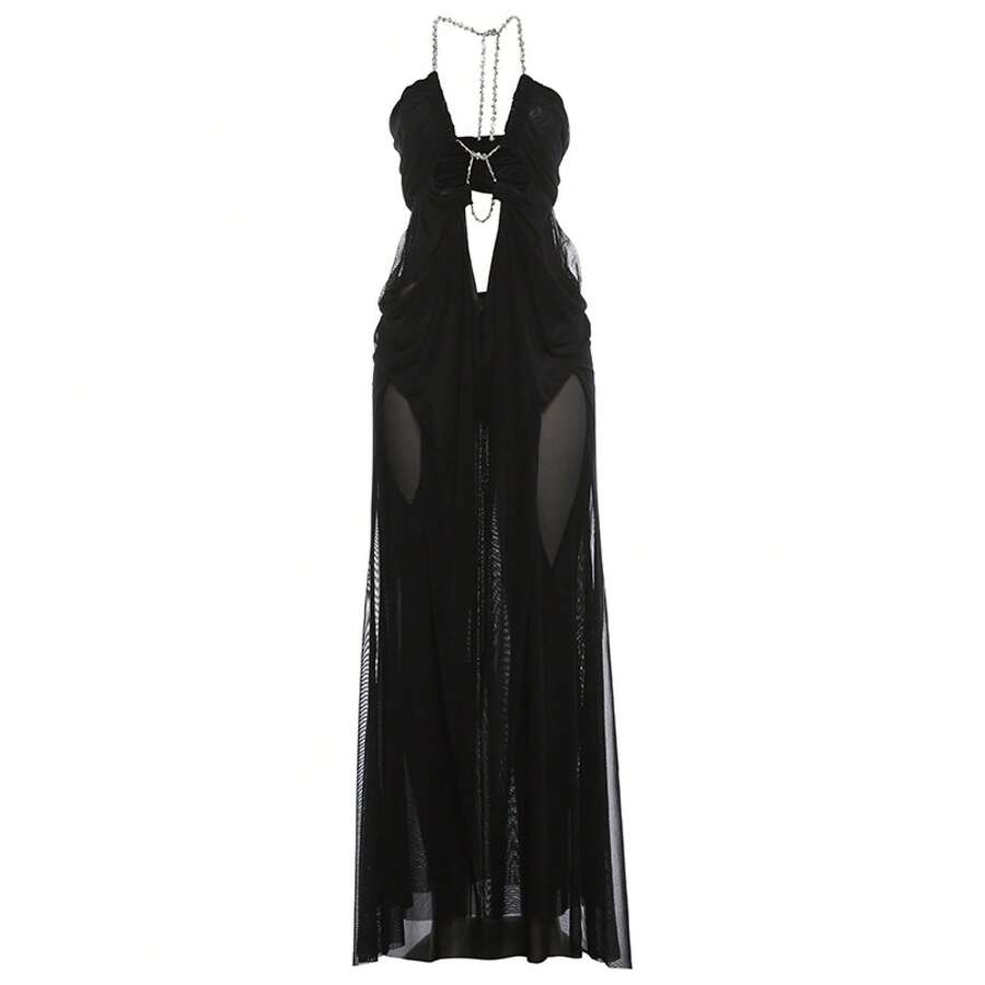 European And American Style Summer New Pure Desire Mesh Patchwork Low-Cut Halter Backless Irregular Dress - Black - View 1