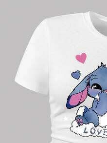 Youth Girl Cartoon Print Short Sleeve Top And Denim Skirt Set - White - View 4