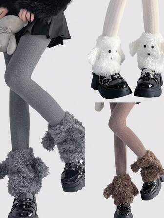 1双可爱羊毛卷毛腿套，短款小狗耳朵造型，百搭洛丽塔风格，秋冬款