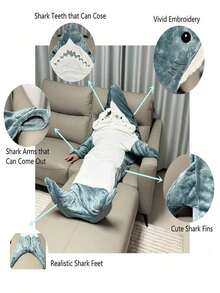 成人鲨鱼连帽毯、鲨鱼服装、可穿戴鲨鱼毯、舒适鲨鱼睡衣、超柔软舒适法兰绒鲨鱼连帽毯、家庭鲨鱼连帽毯、可穿戴鲨鱼睡袋、柔软舒适的圣诞新年服装 - 彩色 - 查看 6