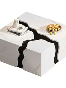 Living Room Coffee Table, 70 X 70 X 31 Cm, Geometric Cubic Design, Side Table With Drawer, Uniquely Shaped Marble Veneer Table, Coffee Table, Storage Table, Game Table - White - View 8