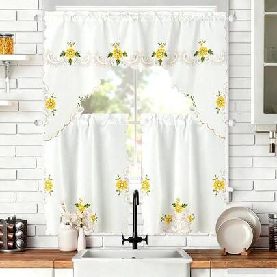 TendenciaPaquete De 3 Cortinas De Cocina De Tul Con Bordado FloralCalidad premium