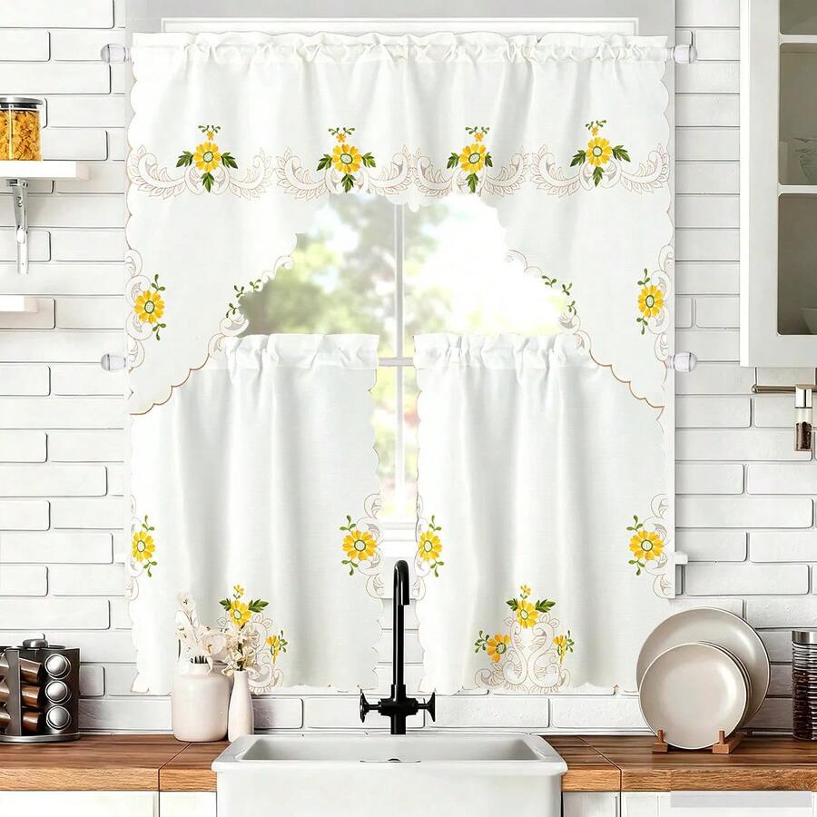 TendenciaPaquete De 3 Cortinas De Cocina De Tul Con Bordado FloralCalidad premium - TOPINAMBUR - Ver 1