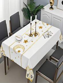 1pc White Background With Fine Gold Stars And Moons, Islamic Style, Simple And Elegant Festive Tablecloth For Holidays, Festival Party Decoration. Rectangular Tablecloth, Square Tablecloth. Suitable For Living Room, Dining Room, Outdoor Areas; Kitchen, Dining Table, Conference Table, Coffee Table, Dressing Table, Decorative Scarf, Home Decoration Tablecloth - Multicolor - View 5