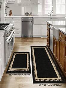 1pc Black Minimalist Pattern Kitchen Mat, Beige Trim, Non-Slip & Stain Resistant, Suitable For Room Decor, Living Room, Bathroom, Bedroom Rug, Doormat, Area Rug And Outdoor Rug, Made Of Polyester Fiber, Easy To Clean And Machine Washable, Suitable For All Seasons And Holidays. - Black - View 5