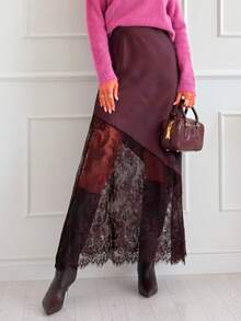 Plus Size Women Solid Color Elegant Date Party Daily Versatile Lace Patchwork Satin Midi Skirt Spring - Purple - View 1