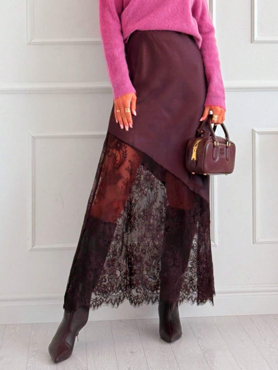 Plus Size Women Solid Color Elegant Date Party Daily Versatile Lace Patchwork Satin Midi Skirt Spring - Purple - View 1
