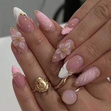 24pcs 3D Push-On Nails With Almond Shaped Medium Length Press Nails - Detachable Nail Art Suitable Parties, Weddings, Prom - 3D Flower,, Lily & Designs - Application With Tools Included (Women's Nail) - 3D立體雕刻法式 - 查看 2