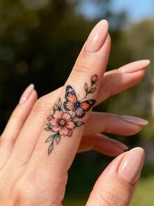 STARTTOOS 小巧精致的玫瑰图案手指临时纹身贴纸，蝴蝶/玫瑰图案Y2K风格临时假纹身，适用于手腕、脚踝、肩膀、脖子、锁骨等部位，DIY嘉年华、情人节、派对节日礼物。防水逼真的身体纹身贴纸。 - 彩色 - 查看 8