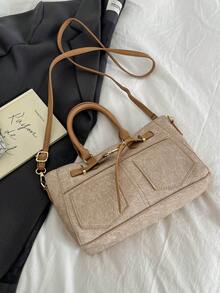 1pc Fashionable Casual Solid Color Multi-Pocket Shoulder Tote Bag, Large Capacity Women's Commuter Bag - Khaki - View 9
