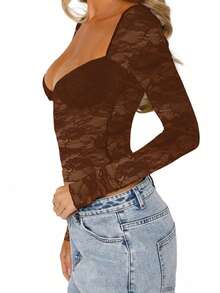 Women's Y2k Floral Lace Crop Tops Long Sleeve Square Neck See Through Mesh Shirt Fairy Grunge Going Out Blouse Clubwear Coquette Aesthetic Clothes - màu nâu - Xem 2