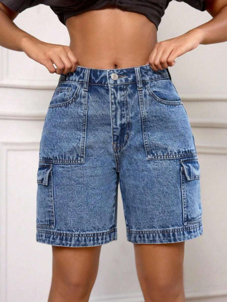 Quần short Bermuda denim nữ dáng rộng, co giãn, màu trơn, kiểu dáng thoải mái, thích hợp mặc đi làm, đi nghỉ mát, đi làm hàng ngày, du lịch, sân bay mùa hè. - Màu xanh lam - Xem 1