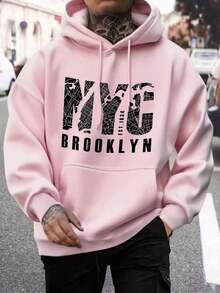 Preppy Lettering Men's Casual Street Hoodie, Drawstring Pocket, Slogan Print, Spring/Autumn, Long Sleeve TopLoose And Comfortable,Casual And Easy-Goin,Valentine's Day Hoodie For Couples,New Years Outfit Women - 粉色 - 查看 11