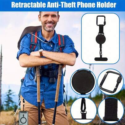 1pc Outdoor Phone Holder With Adjustable Strap (Extendable For Convenient Use, Retractable For Secure Attachment) + Sturdy Carabiner - Can Be Attached To Backpacks, Safety Belts Or Waistbands To Prevent Phone From Falling Or Being During Hiking, Camping Or Climbing.