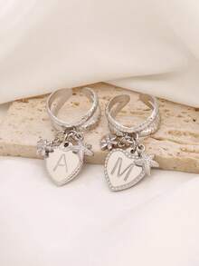 1件装 时尚设计 18k镀金不锈钢心形字母吊坠戒指 26 A-Z 字母花朵海星吊坠开口戒指 适合女性日常佩戴 珠宝礼品 - 戒指 . - 查看 5