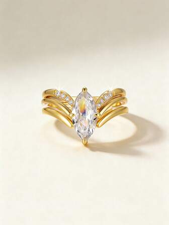 3pcs/Set European & American Fashion Marquise Cut Rhinestone Wing Stackable Rings, Suitable For Proposal, Anniversary, Holiday Gifts