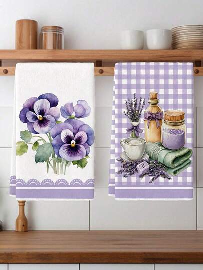 2pcs Floral Lavender Spring Kitchen Towel Set, Polyester Hand Towels With Flowers Pattern, Super Soft Woven Dishcloths, Machine Washable, Ideal For Holiday Gifts & Home Decor.