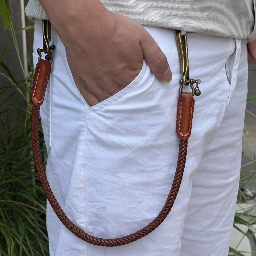 LLavero de motociclista de cuero genuino de estilo Punk clásico, cadena para pantalones vaqueros hecha a mano, cadena para billetera, cadena para la cintura, accesorios de ropa de Rock para hombre - Caqui - Ver 1