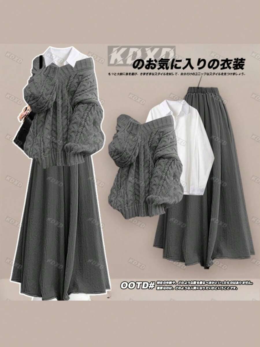 KDXD Outfit Set: Skirt, Korean-Style Knit Sweater, Dress, Children's Complete Set. Elegant And Beautiful Women's Winter Wear, Women's Fall/Winter Fashion, Women's Winter Wear, Women's Fall/Winter Outfits, Women's Fall/Winter Outfits. - Gray Top + White Shirt + Gray Skirt and Pants - View 1