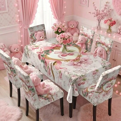 4/6/5/7 Pezzi Set di tovaglia e coprisedia con stampa dolce a fiocco rosa, 4 pezzi (4 coprisedia), 6 pezzi (6 coprisedia), 5 pezzi (1 tovaglia + 4 coprisedia), 7 pezzi (1 tovaglia + 6 coprisedia), adatto per interni/esterni, raduni domestici, decorazione tavolo e sedia per vacanze, riutilizzabile