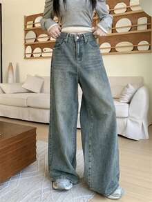 女士口袋宽松阔腿休闲牛仔裤 春季款 - 淺色水洗藍 - 查看 5