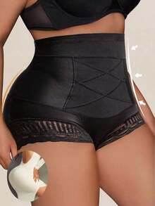 1pc Seamless High Waist Shaping Panties Plus Size Summer Women's Lace Tummy Control Panty Slimming Waist Trainer Sheath Flat Belly Underwear Butt Lifting Shapewear - 黑色 - 查看 8