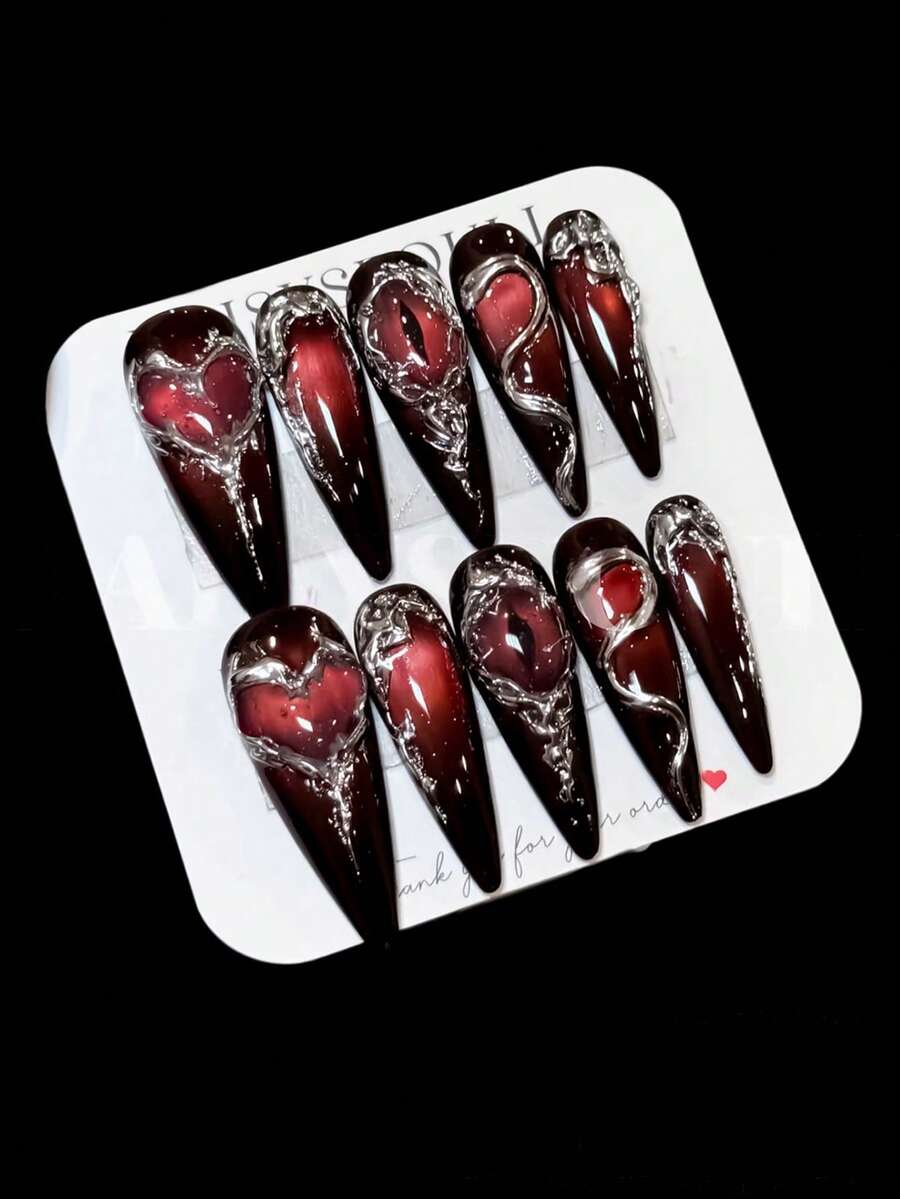 Ten-Piece Vintage Red Handmade Manicure, Spring-Style Press-On False Nails, Handmade False Nails, High-End Press-On False Nails, Long Almond Style, Nail Art, Valentine's Day Gift For Women, Suitable For Girls And Ladies To Wear To Parties Or Everyday Occasions. Handmade Press On Nails