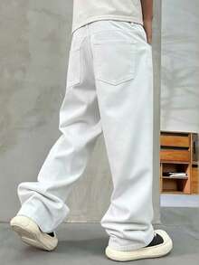 HEHCN Men's Pocket Wide Leg Casual Loose Jeans, Black Street-Style Versatile Pants, Suitable Gift For Husband, Boyfriend - White - View 4