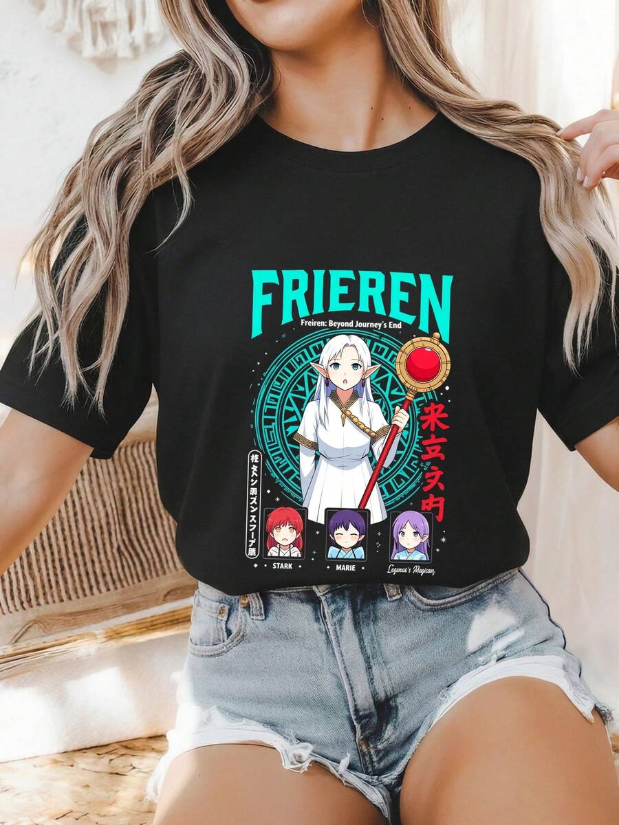 Frieren Beyond Journey's End T-Shirt Frieren's Party Fern Stark Design 100% Cotton Short Sleeve Crew Neck Anime Girl Graphic Tee Manga Lover Gift Otaku Fashion Fantasy Elf Mage M-1 - 黑色1 - 查看 1