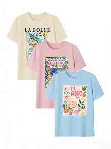 Set de 3 camisetas de mujer de manga corta con cuello redondo, estampado de coche eléctrico con letras y pintura de colores, de estilo casual y versátil, adecuado para uso diario, vacaciones y primavera-verano - Multicolor - Ver 3