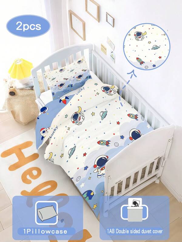 1 Set Baby Bedding, Including 1 Reversible Duvet Cover And 1 Pillowcase. Astronaut, Rocket, Star Pattern Made Of Polyester Fabric, Digital Printing Technique. Suitable For Modern Fashionable Baby's Daily Crib Decor, Machine Washable.