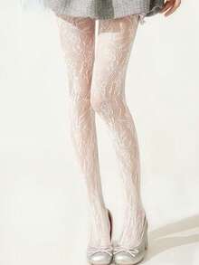 1双女士新款复古性感长筒袜，白色图案透明打底裤，花朵镂空，黑色蕾丝网眼连裤袜，适合春夏穿着 - 白色 - 查看 1