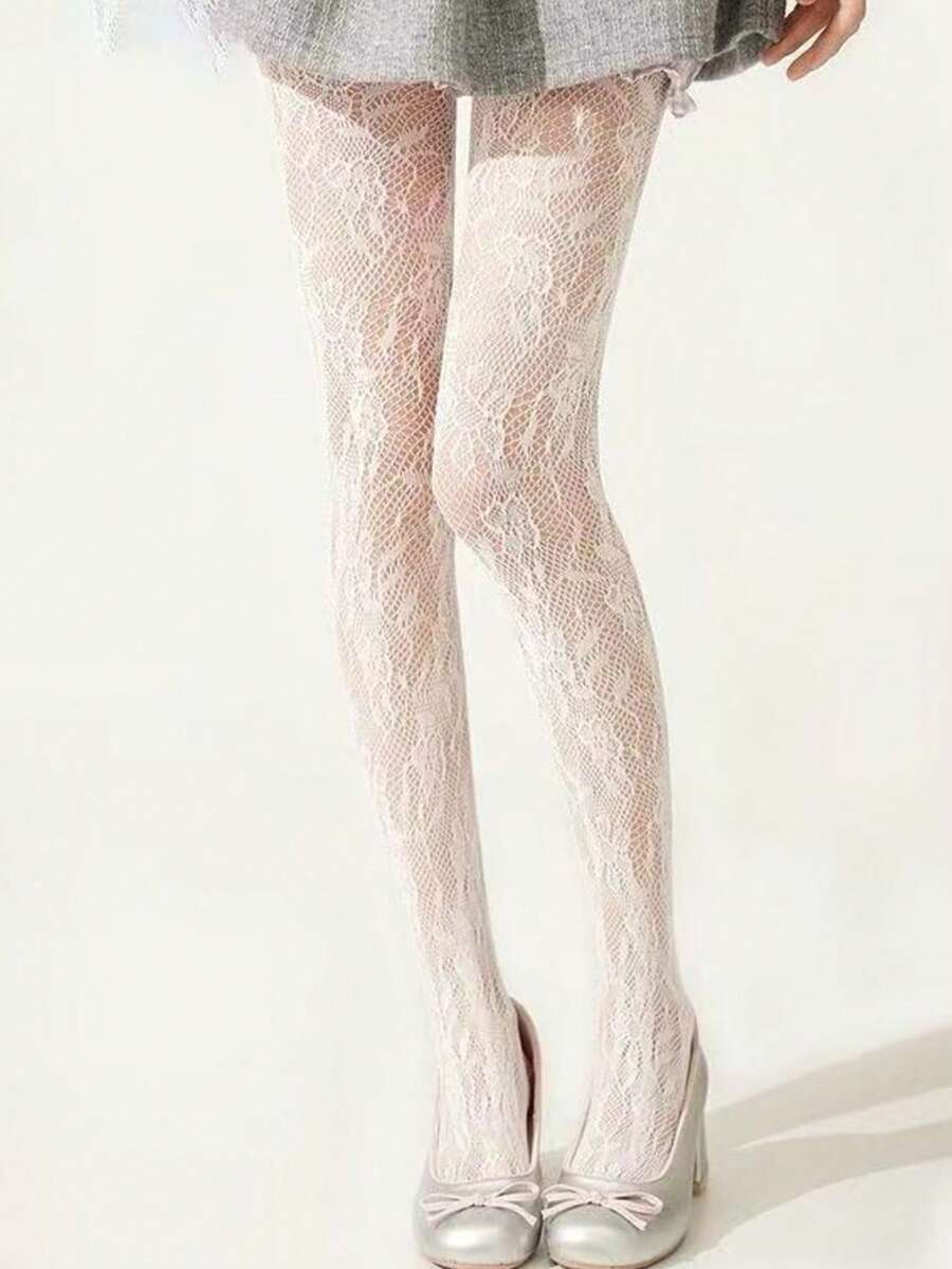 1双女士新款复古性感长筒袜，白色图案透明打底裤，花朵镂空，黑色蕾丝网眼连裤袜，适合春夏穿着 - 白色 - 查看 1