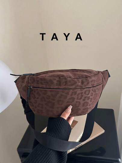 Suede Leopard Print Large Capacity Crossbody Bag/Waist Bag, Unisex, Suitable For University/School, Commuting/Office, Festivals/Holidays/Gatherings/Travel, Designed For Women, Young Professionals, Office Ladies, Young Girls And College Students