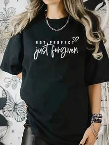 Women's Creative Printed Fashion T-Shirt, Four Seasons Women's Fashion, Simple, Casual, Comfortable, Modern, Soft, Fitness, Daily Outdoor Sports, Versatile And Modern Style For All Seasons, Breathable Round Neck Short Sleeve T-Shirt - 黑色 - 查看 1