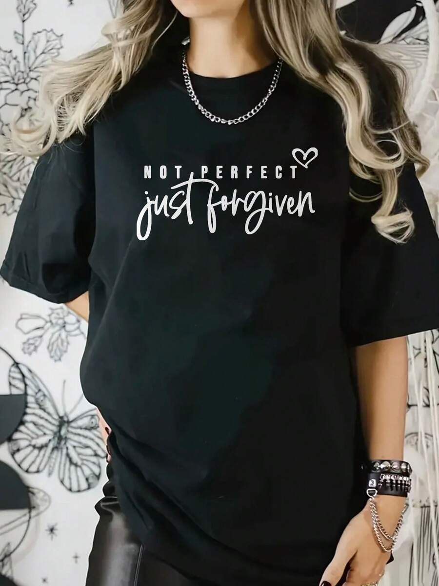Women's Creative Printed Fashion T-Shirt, Four Seasons Women's Fashion, Simple, Casual, Comfortable, Modern, Soft, Fitness, Daily Outdoor Sports, Versatile And Modern Style For All Seasons, Breathable Round Neck Short Sleeve T-Shirt - 黑色 - 查看 1