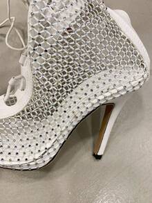 Women's Mesh Peep Toe High Heel Boots, 2024 Summer New Pointed Toe Rhinestone Hollow Out Mid-Calf Boots, Fashion Roman Sandals Ankle Boots And Short Boots - White - View 9