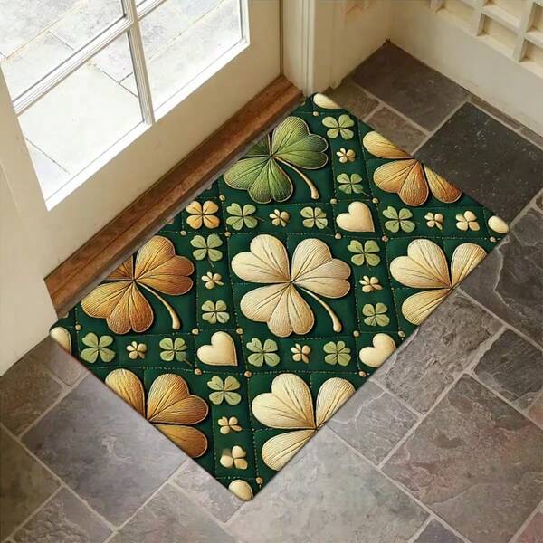 1pc St. Patrick's Day Clover Print Doormat, Rug, Small Carpet, Floor Mat, Home Decor, Area Rug, Bathroom Mat, Outdoor Mat, Bedroom Carpet, Washable Carpet