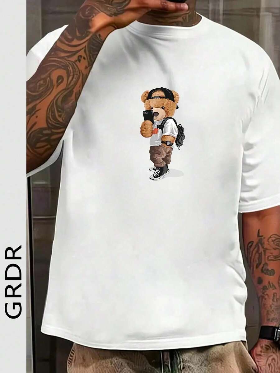 GRDR Camiseta de manga corta de cuello redondo con estampado de elemento de oso de peluche de verano para hombre, informal - Blanco - Ver 1