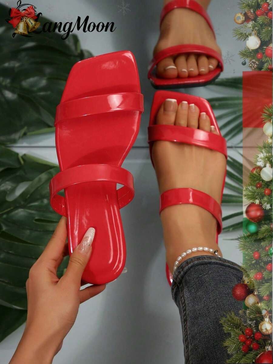 2026 neue Mode Damen Pantoffeln, mit glänzender/metallischer Textur Obermaterial in minimalistischem Design, schaffen auffallende flache und bequeme Silhouette, personalisierte Farben kombinieren modischen Chic-Stil, bequem und vielseitig für den täglichen Gebrauch, geeignet für Urlaub, Partys, Neujahrsfeiern, Dates und verschiedene Anlässe, ideal für Neujahrsfeiern und Feierlichkeiten - Rot – Doppelband - Übersicht 1