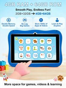 Qetupa Tablet Anak Android 15 7 Inci, Desain Kelinci, Dengan Casing Pelindung Anti Guncangan, RAM 4GB + ROM 64GB (Mendukung Penyimpanan yang Dapat Diperluas hingga 1TB), Layar Sentuh IPS 1024*600, Baterai 4000mAh, Kamera Ganda 0.5MP + 2.0MP (Adaptor Tidak Termasuk) - Biru - View 4