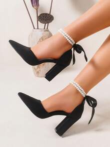 Women's Fashion Faux Suede Pointed Toe Chunky Heel Platform Shoes, Decorated With Faux Pearl And Bow, Ankle Strap Design High Heels, Suitable For Spring, Summer, Autumn And Winter, Elegant And Exquisite Black Sandals - Black - View 2