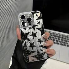 White Black Star Patterns Glitter Marble Texture IMD Feather Chiffon Shiny 1pc White IMD Feather Chiffon Shiny Star Pattern Pentagon Star Phone Case Compatible With IPhone 16 Pro Max, 17/16/15/14 Plus/13/12/11, Air, Series Spring Gift Party - Multicolor - View 3