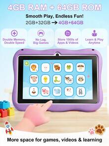 Qetupa 7英吋 Android 15 兒童平板電腦，兔子設計，附防震保護殼，4GB RAM + 64GB ROM（支援 1TB 擴充儲存），1024*600 IPS 觸控螢幕，4000mAh 電池，0.5MP + 2.0MP 雙鏡頭（不含適配器） - 紫色 - 查看 4
