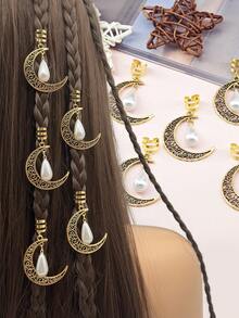 5pcs Moon & Pearl Braided Hair Clips, Metal Beads Hair Pins, Fashion Hair Accessories Clips, Student Supplies - Gold - View 1