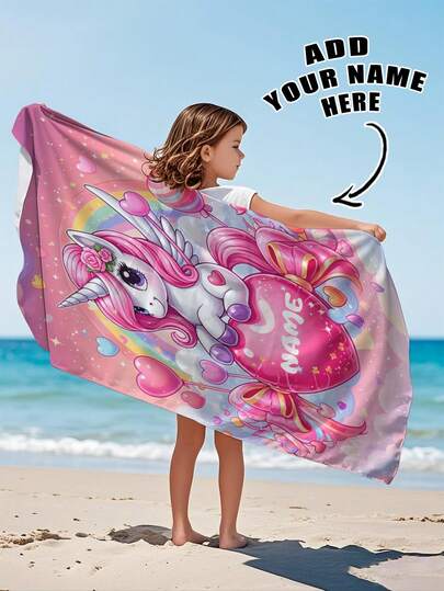 1pc Customized Unicorn Pattern Personalized Bath Towel, Beach Towel, Kids Towel, Pool Towel, Bathroom Towel, Vacation Gift, Beach Essential, Outdoor Travel, Swimming Pool, Beach, Bathroom, Personalized Towel