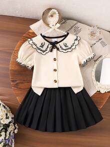 2pcs/Set Girls Elegant Casual Floral Embroidery Blouse & Pleated Skirt Outfit, Summer - Apricot - View 3