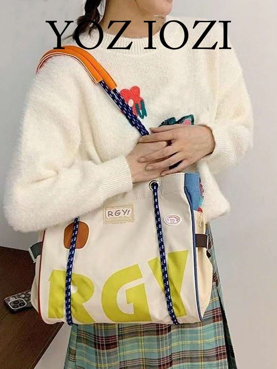 返校季黑白波点爱心帆布手提包，大容量撞色单肩包，适合大学生，多功能手提包，腋下手提包 - 彩色 - 查看 1