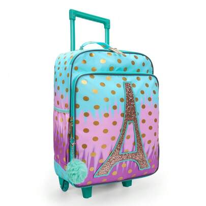 BLING BABIES Children's Suitcase, With Wheels, Sequin Material, Green Cute Tower Pattern, With Glow-In-The-Dark Function, Elementary School Carry-On Suitcase, Suitable For Weekend Vacation, Travel